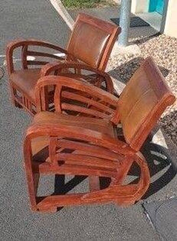 Paire de Fauteuils paquebot Club Art Déco – Bois Massif & Cuir/Simili Marron