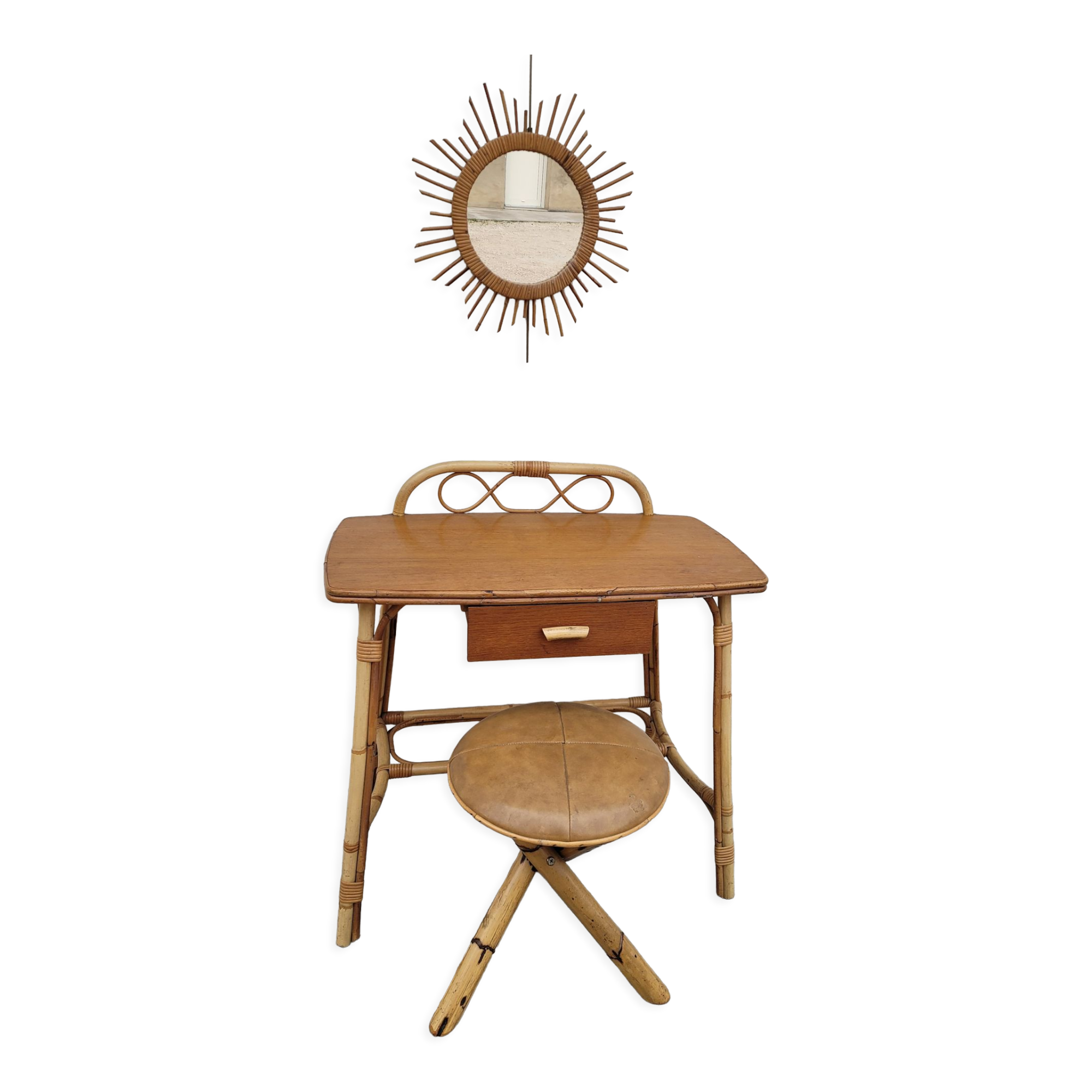 1950 vintage rattan dressing table with sun mirror