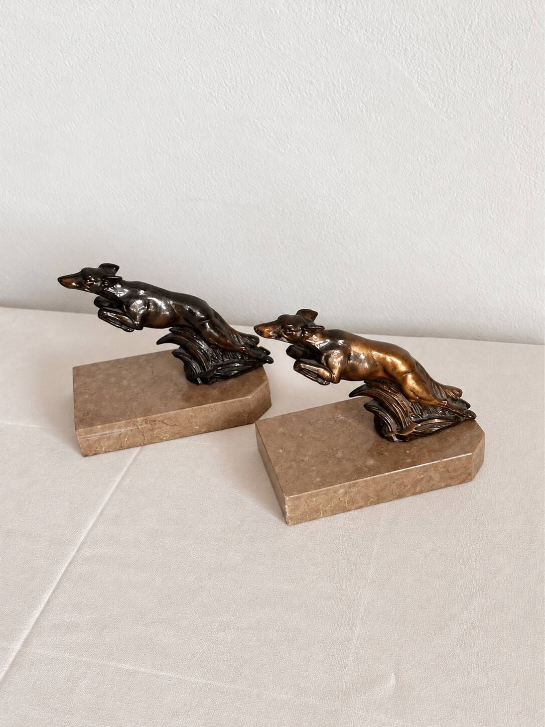 Marble and bronze metal bookends, Art Deco, greyhound, bookshelf.