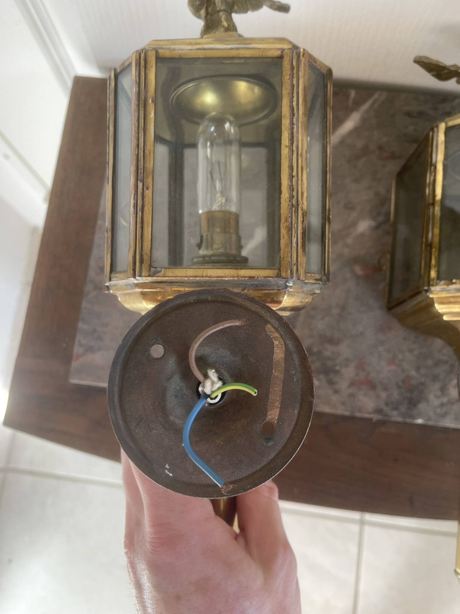 Old Pair of Gilded Brass Wall Lights in Carriage Lantern Eagle Empire Style