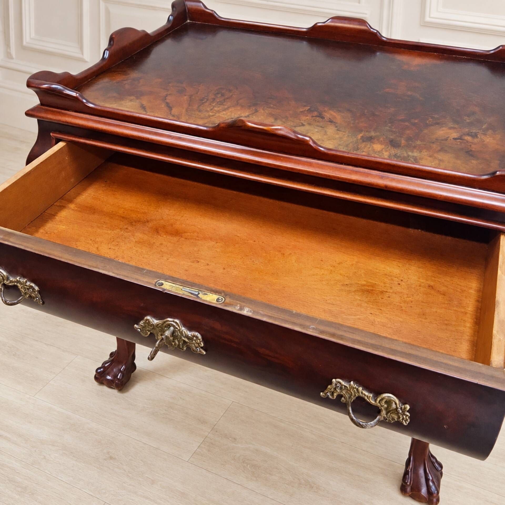 Antique walnut side table / tea table with drawer, shelves