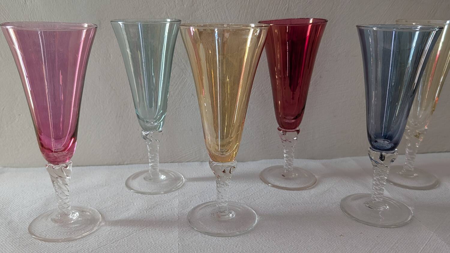 6 coloured glass champagne flutes from the 1950s