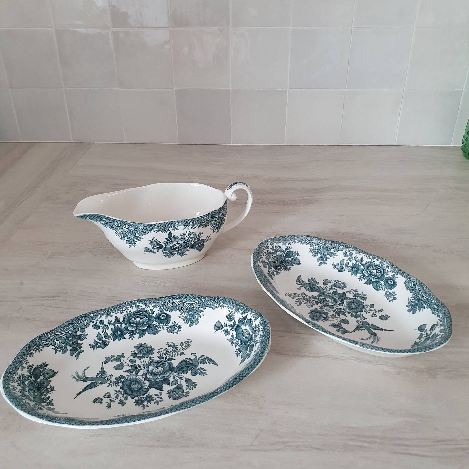 Enoch Wedgewood "Asiatics Pheasants" style "Earth" serving dishes and gravy boat
