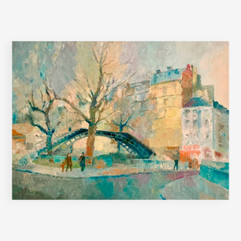 "The swing bridge of the Quai de Valmy" oil on canvas