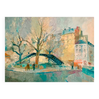 "The swing bridge of the Quai de Valmy" oil on canvas