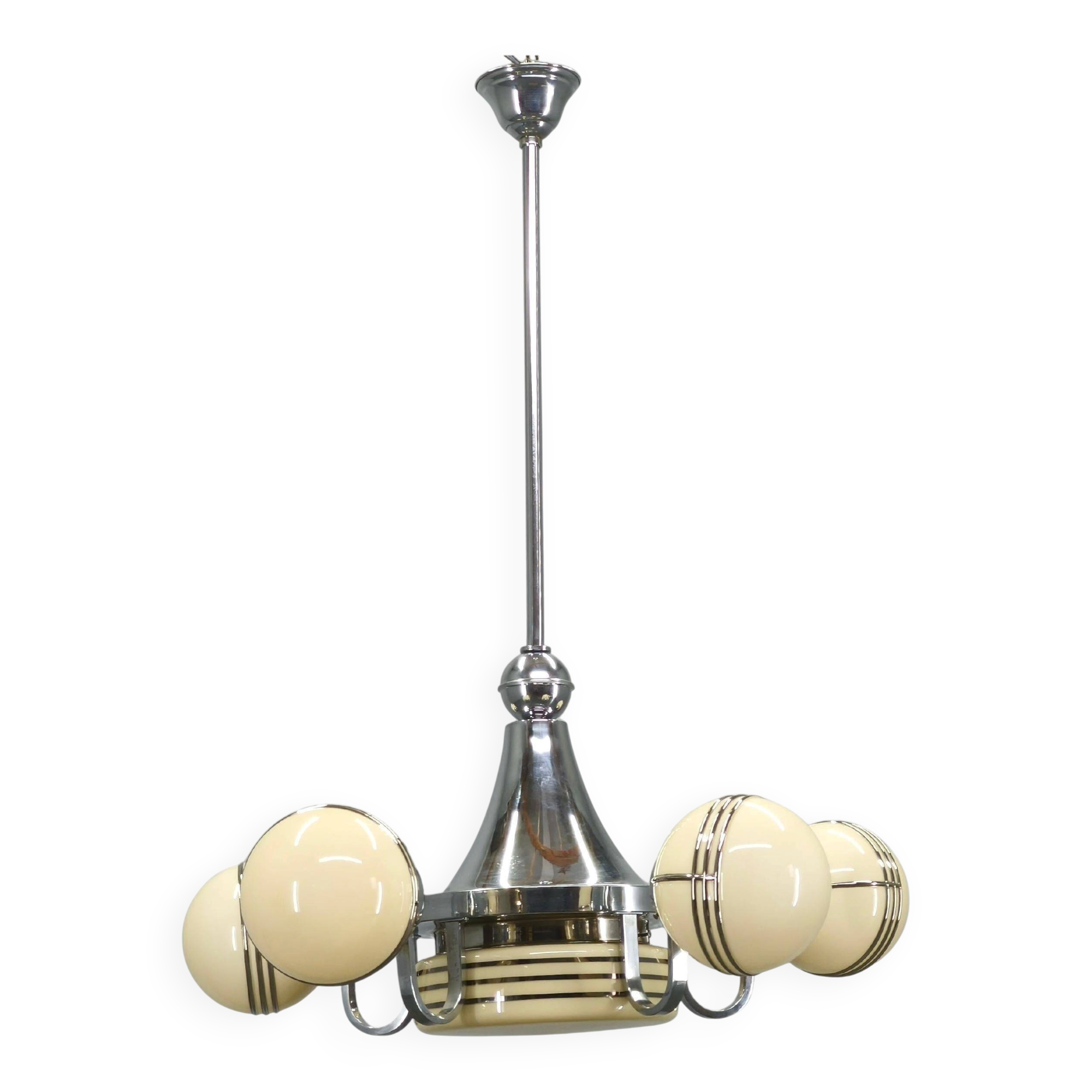 Art Deco Chrome and Glass Chandelier, 5 Globes, 1930s