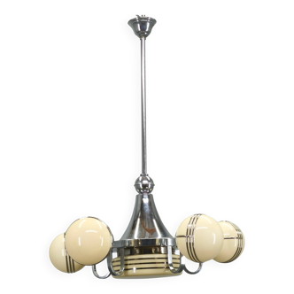 Art Deco Chrome and Glass Chandelier, 5 Globes, 1930s