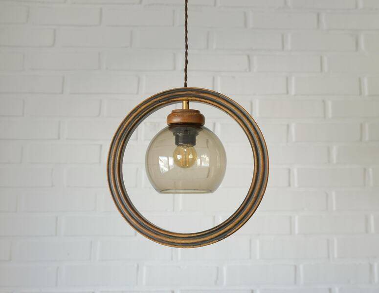 Wooden hanging light / vintage handmade rustic pendant lamp 1970's