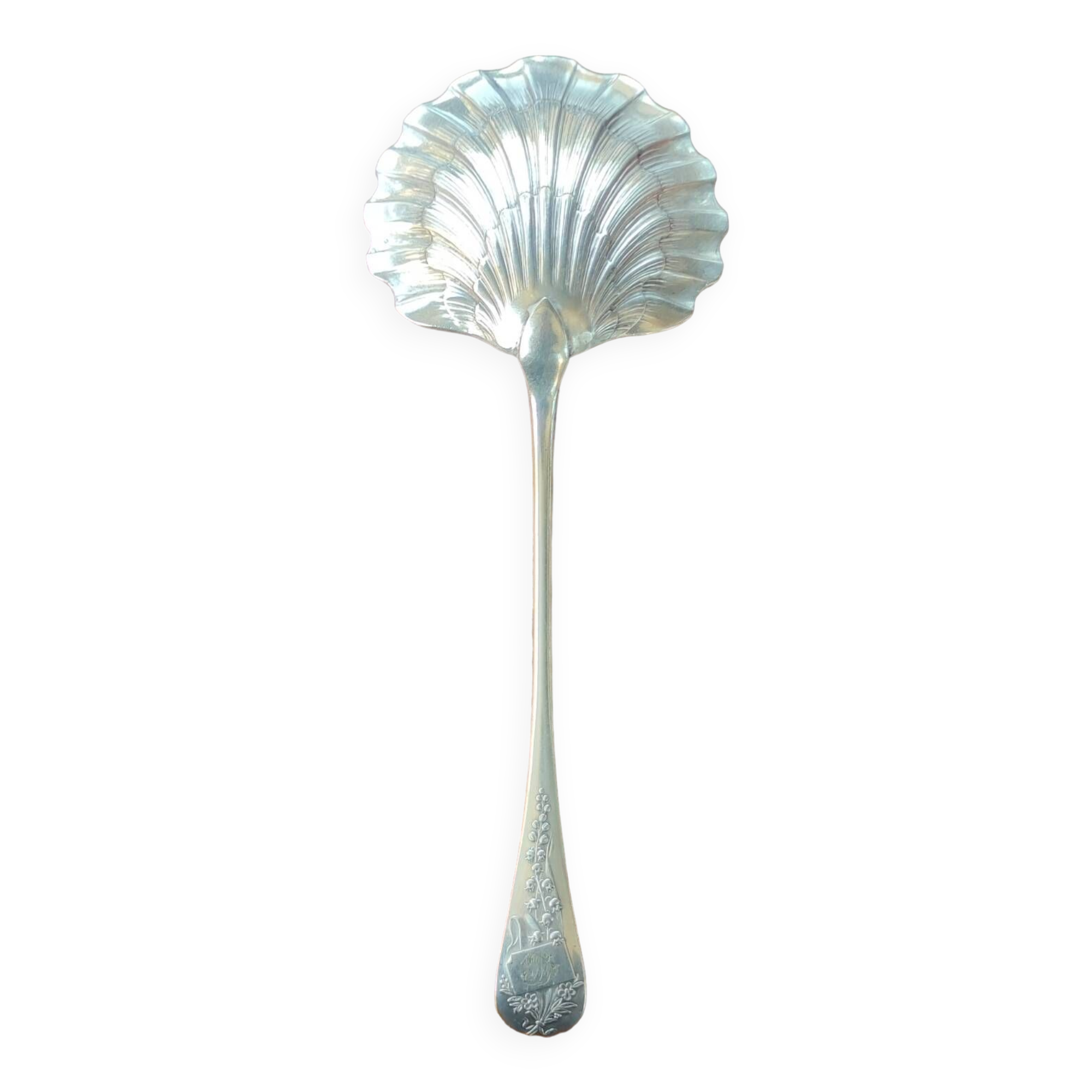 Old silver metal strawberry serving shovel spoon Ercuis goldsmith lily of the valley model