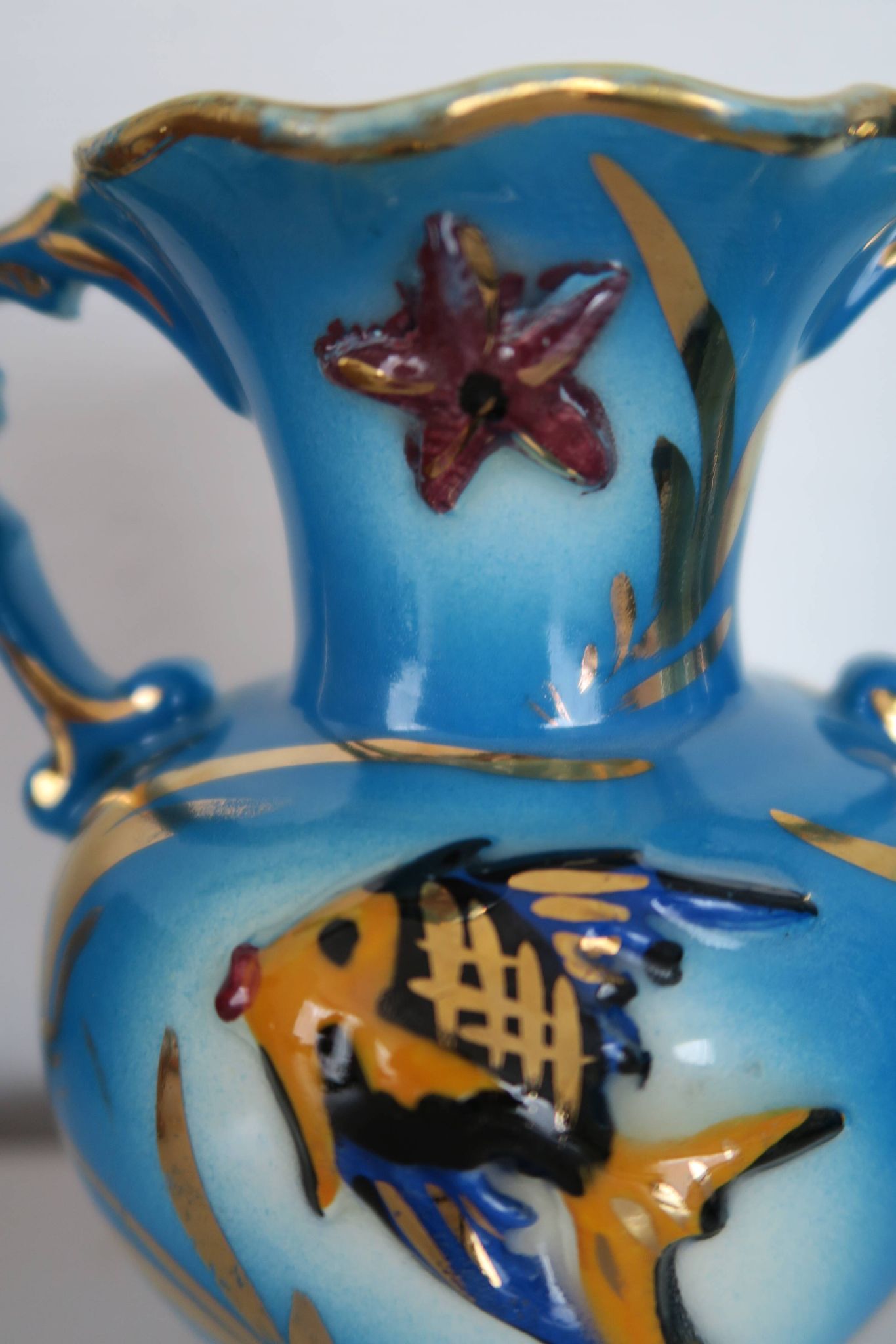 Vase ceroc monaco vintage 1960 blue and gold seahorse fish