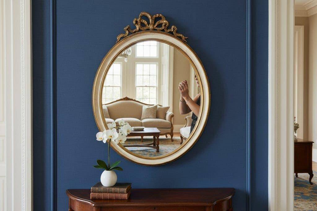 Miroir mural ovale baroque vintage à décor de noeud