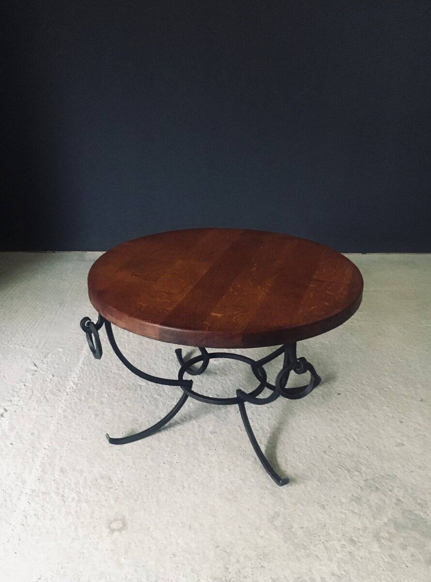 Rustic Oak and Wrought Iron Coffee Table, Belgium, 1950s