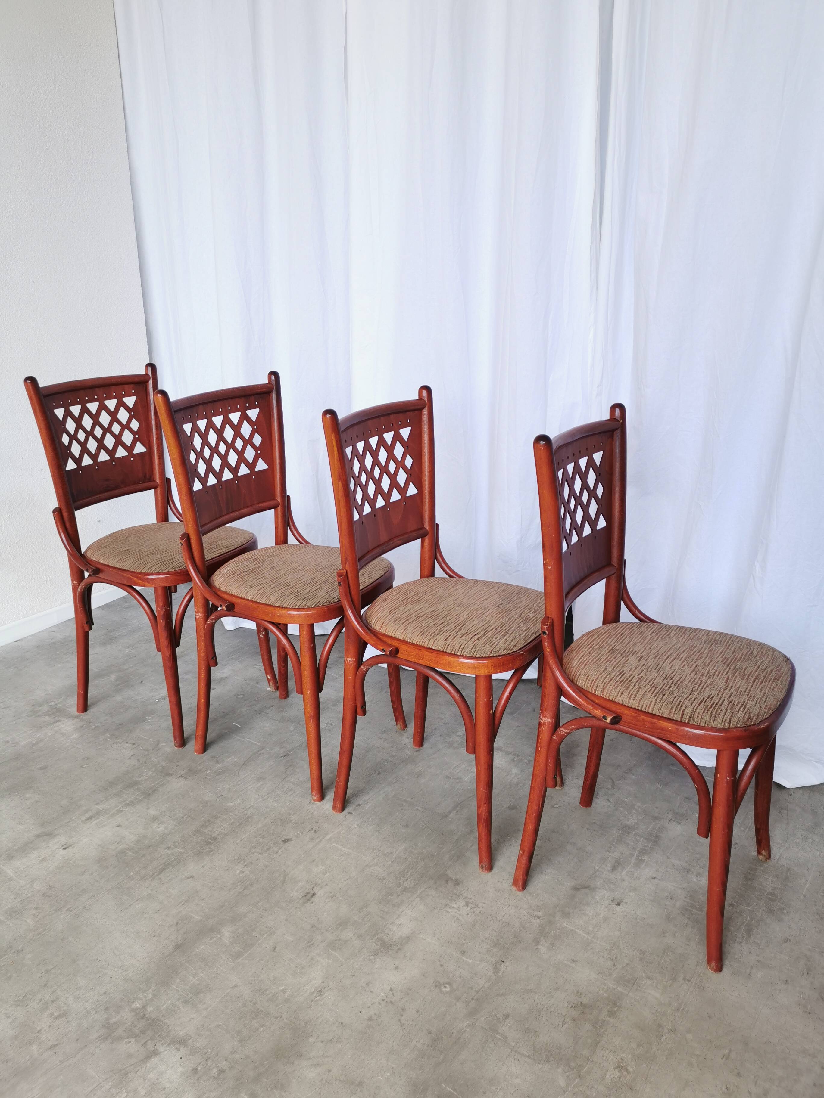 Vintage Italian Bistro Chairs - 1980s Reddish Wood, Brown Fabric - Set of 4