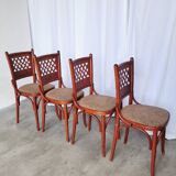 Vintage Italian Bistro Chairs - 1980s Reddish Wood, Brown Fabric - Set of 4
