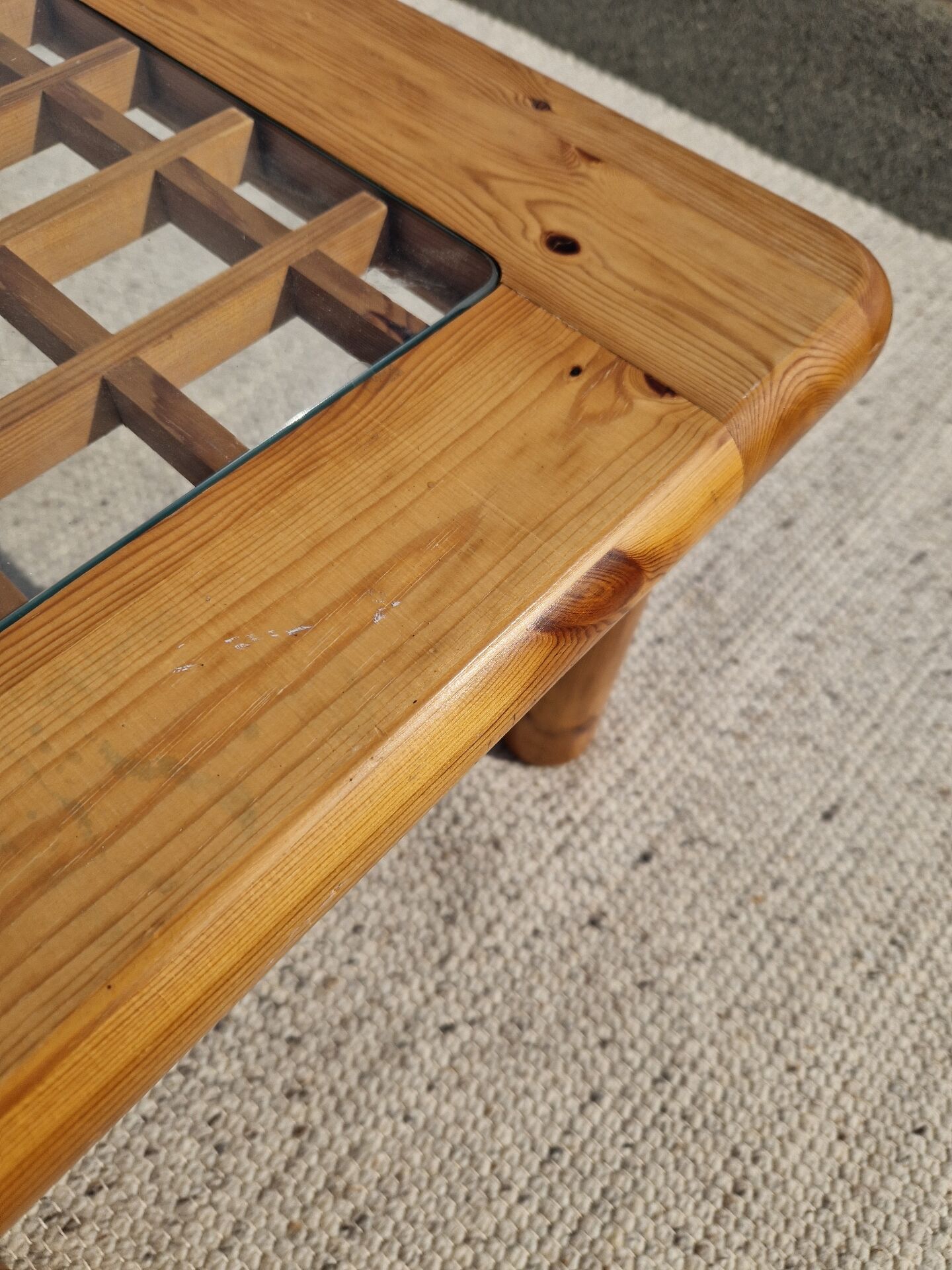 Vintage modernist coffee table in pine.