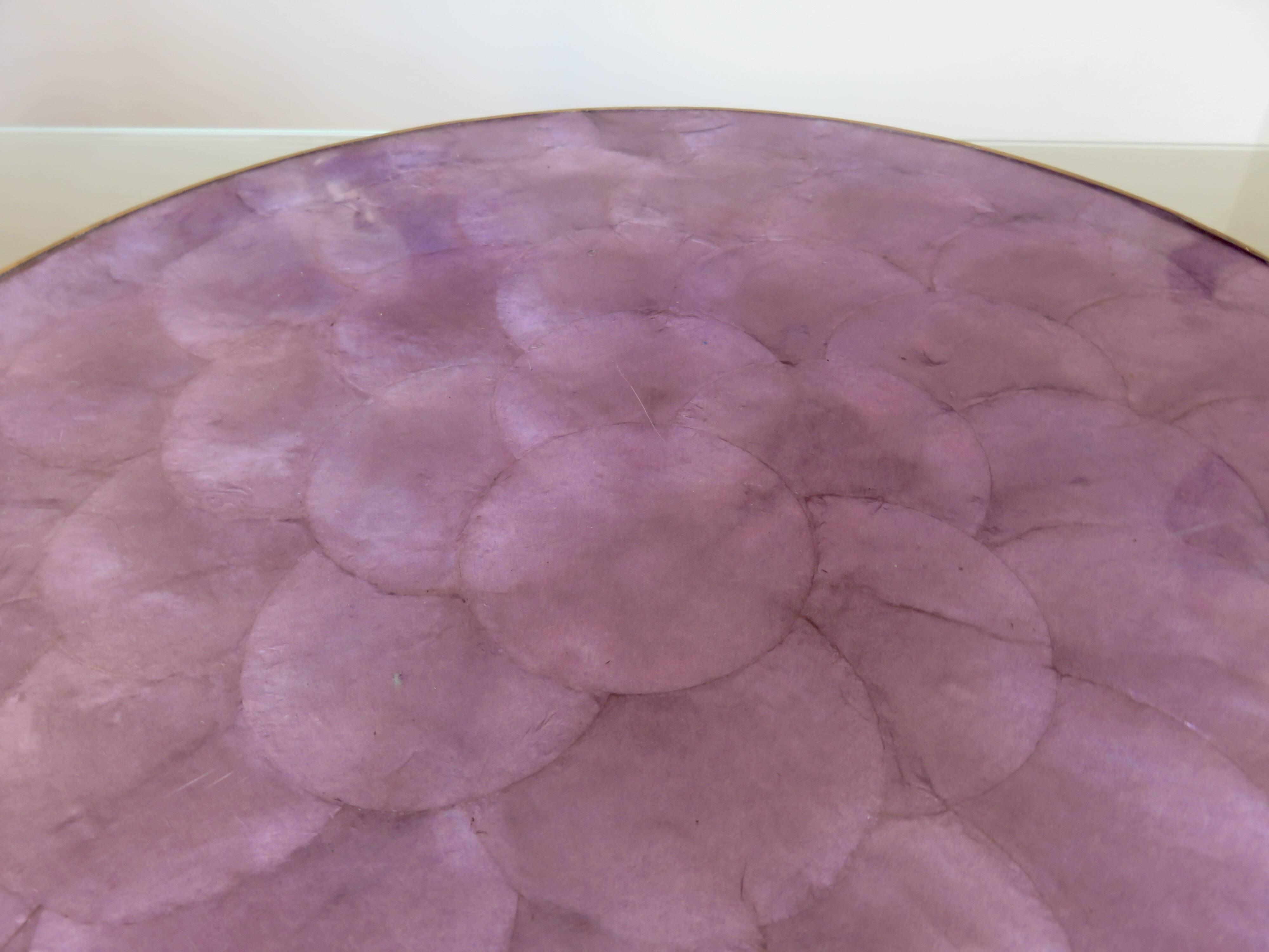 Purple mother-of-pearl trivet, Capiz from the Philippines, brass rim 1970.