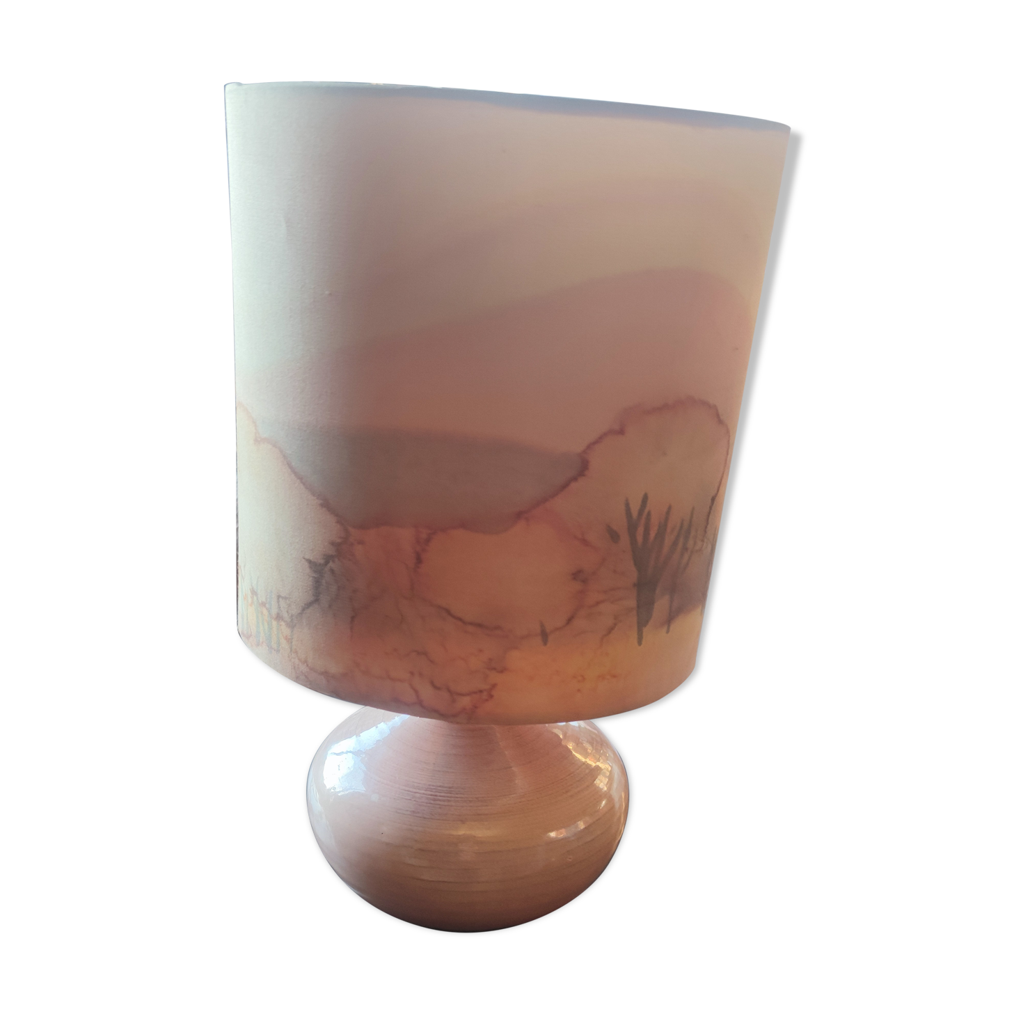 Ceramic lamp and its painted silk lampshade, circa 1970