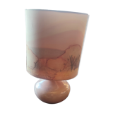 Ceramic lamp and its silk lampshade painted around 1970
