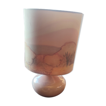 Ceramic lamp and its painted silk lampshade, circa 1970