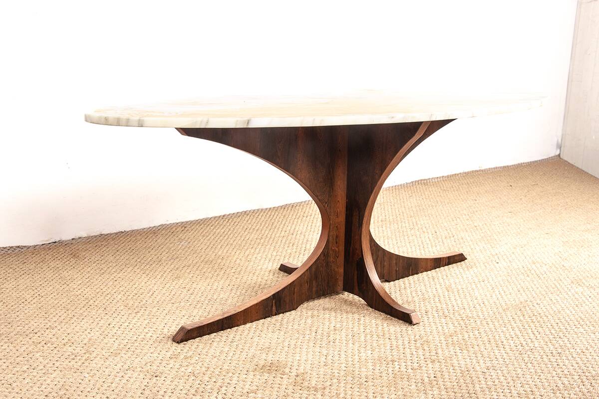 Oval coffee table in Carrara marble and rosewood, Hugues Poignant 1960