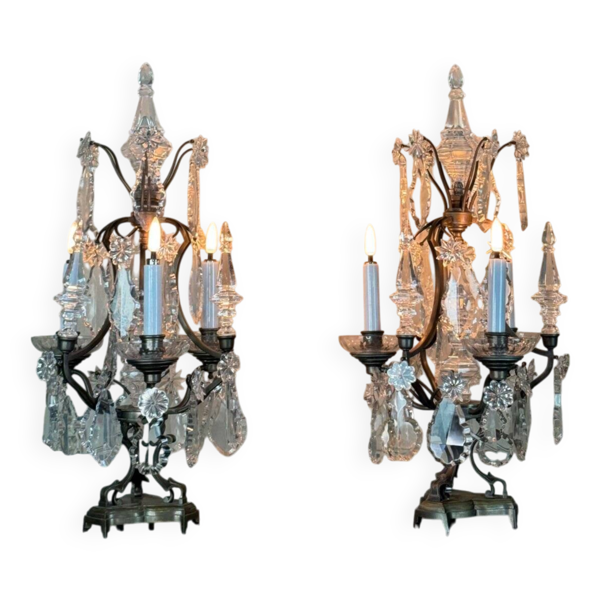 Pair of bronze and cut crystal girandoles circa 1900