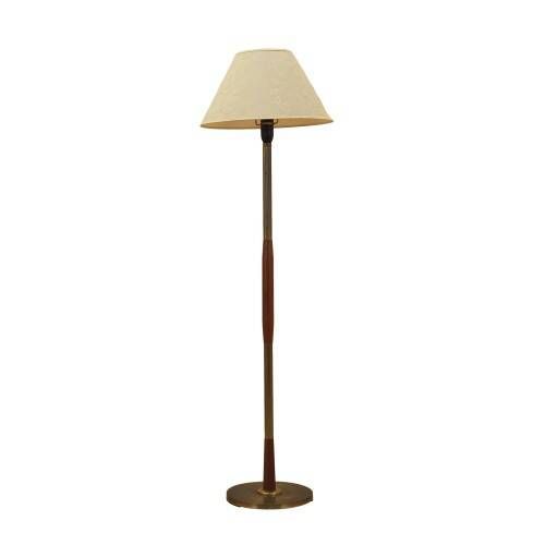 Danish floor lamp with wood and metal base, botanical fabric shade, 1960s