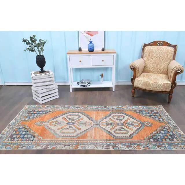 Vintage Turkish Oushak Handmade Wool Cotton Orange Runner Rug 116x250