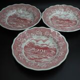 3 deep plates with red English Landscape pattern