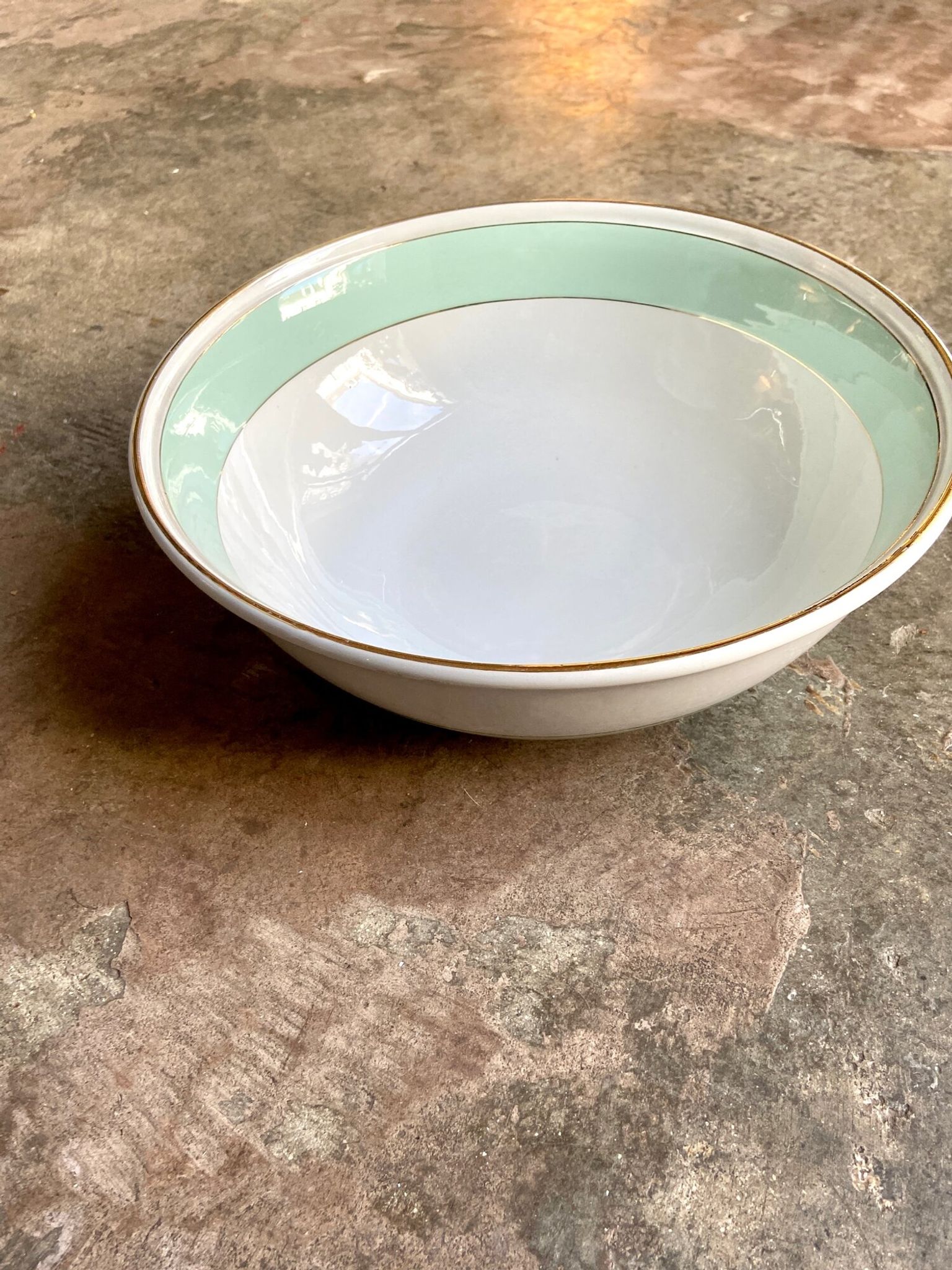 Luneville salad bowl in water-green and gilded opaque porcelain