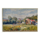 Peinture à l'huile sur toile "Forêt, champ et village" n°42