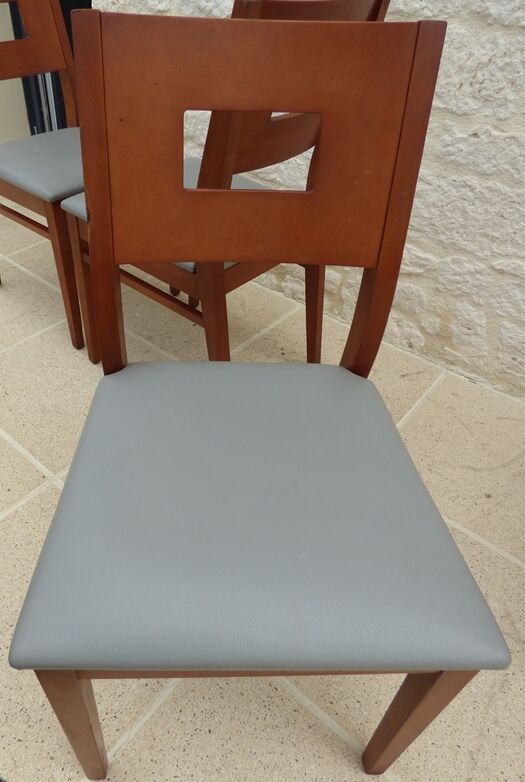 Set of 6 cherry wood style chairs with gray imitation leather seat