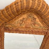 Wicker rattan mirror and carved insert 60s, 75x53 cm
