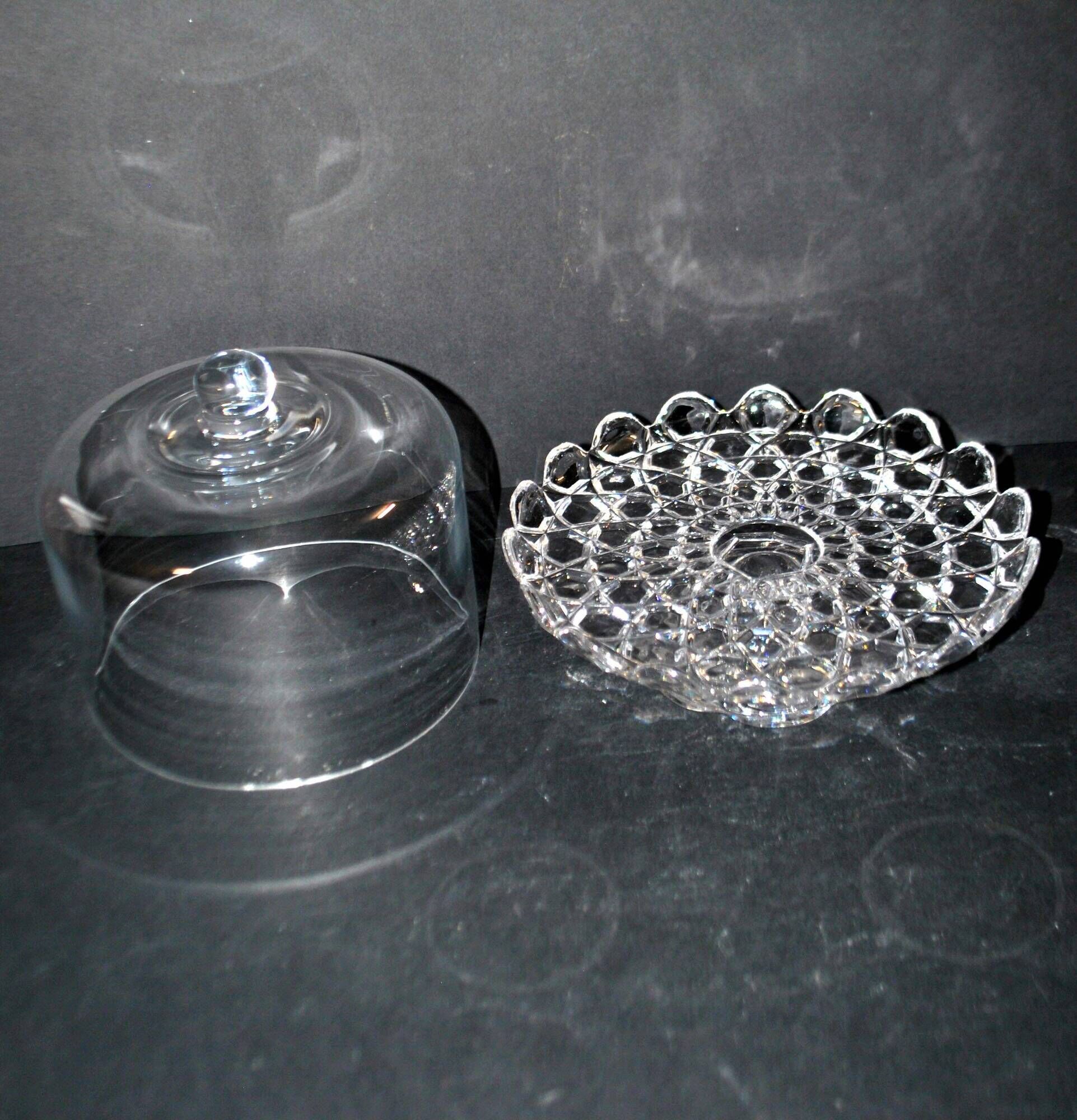 Antique cheese dome on a diamond moulded crystal stand, 1920, marked registered.