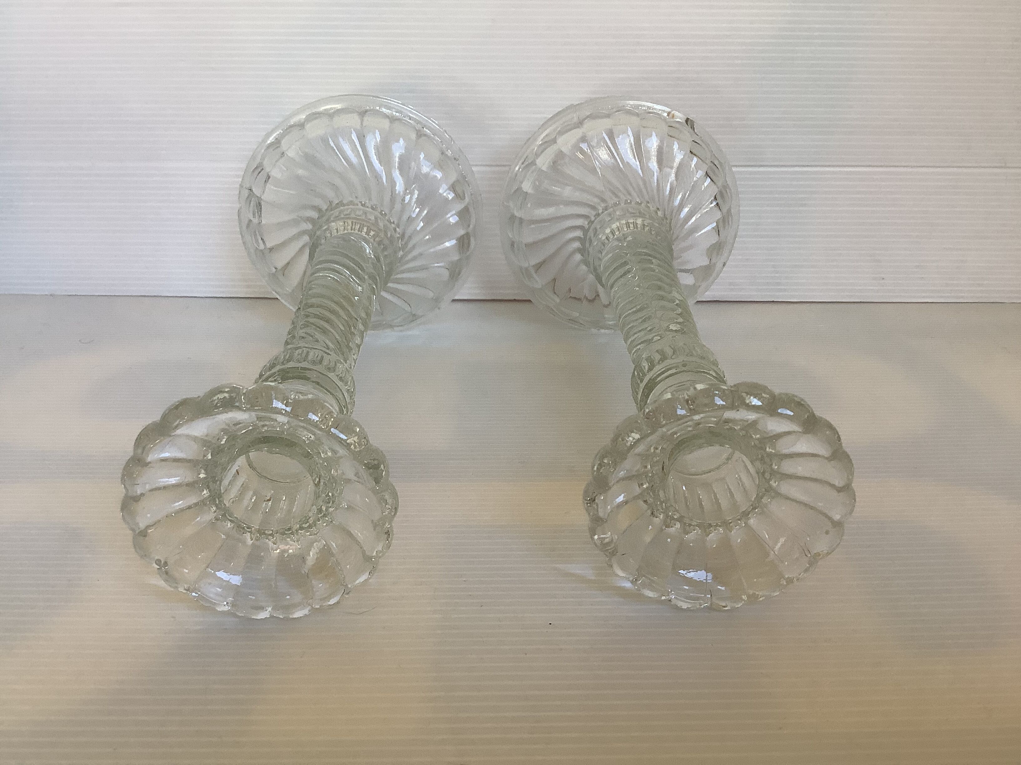 Pair of old molded glass candle holders