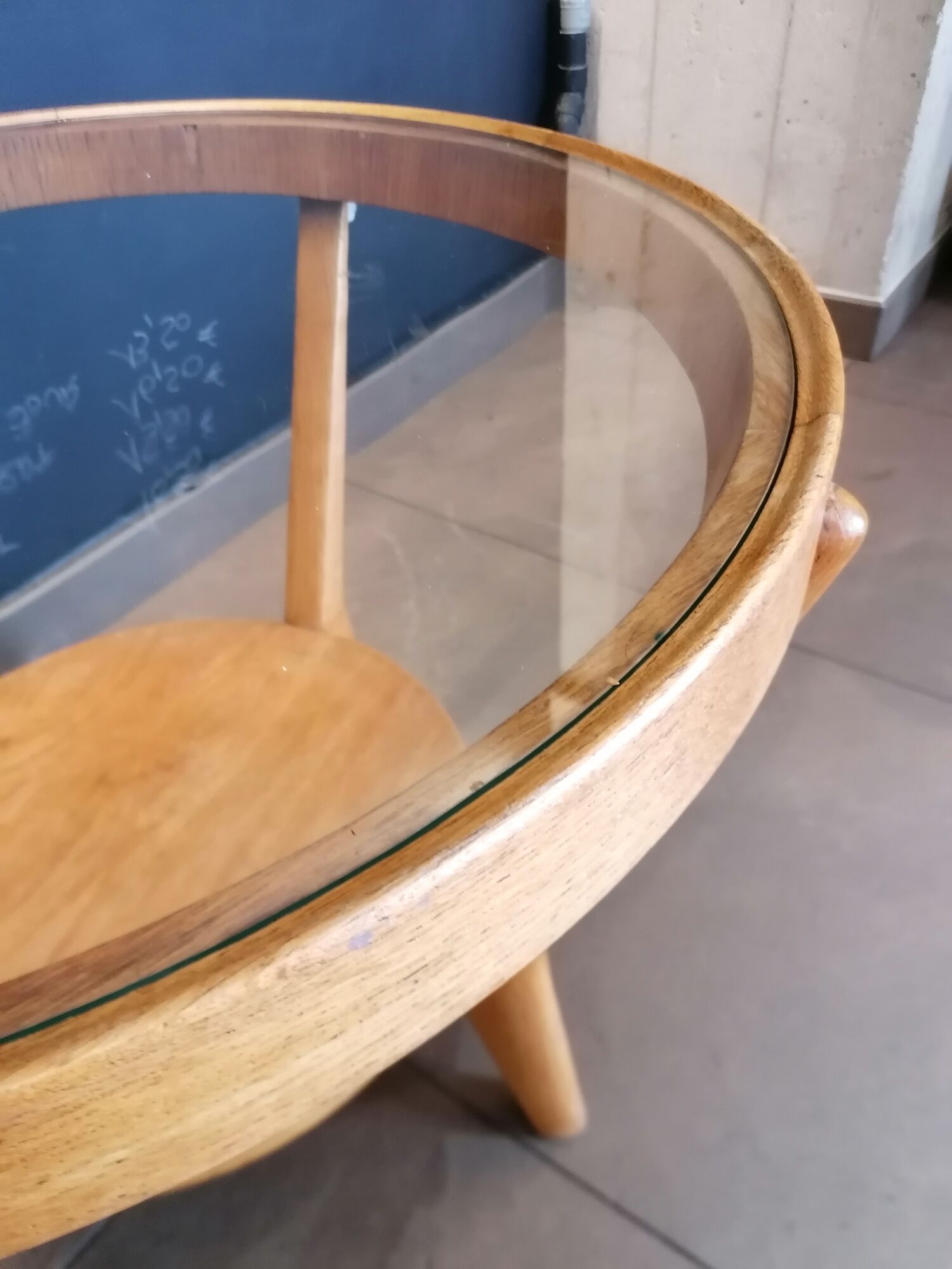 Round wooden coffee table, glass top, Czech, 50s, Kozeelka & Kropacek