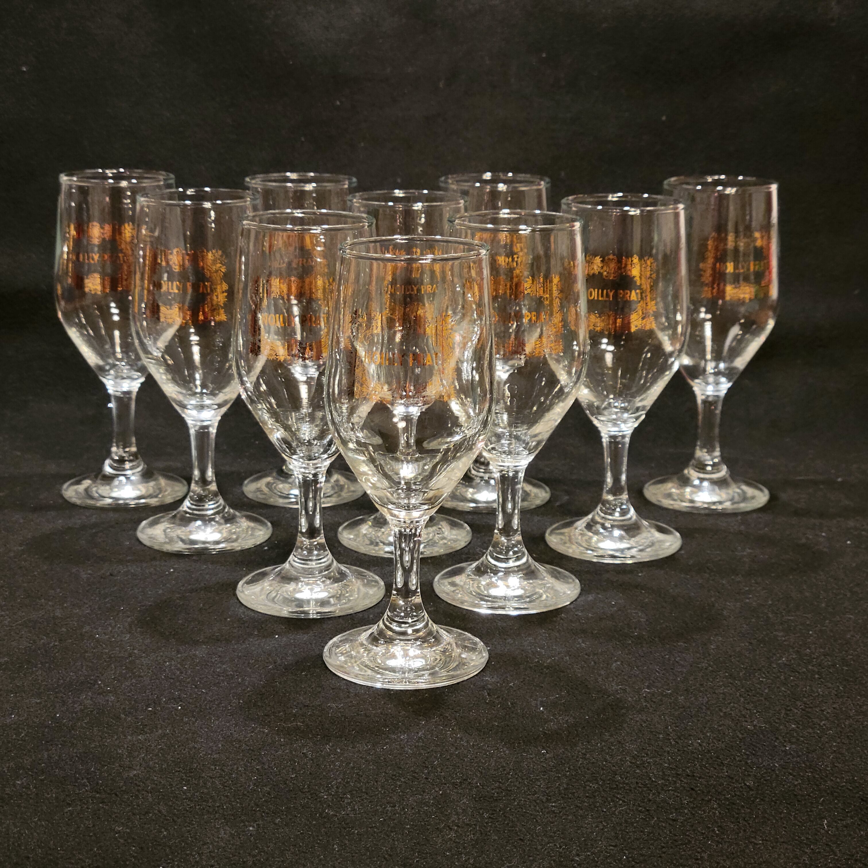 Vintage 10 glasses aperitif Noilly Prat on foot with golden inscription