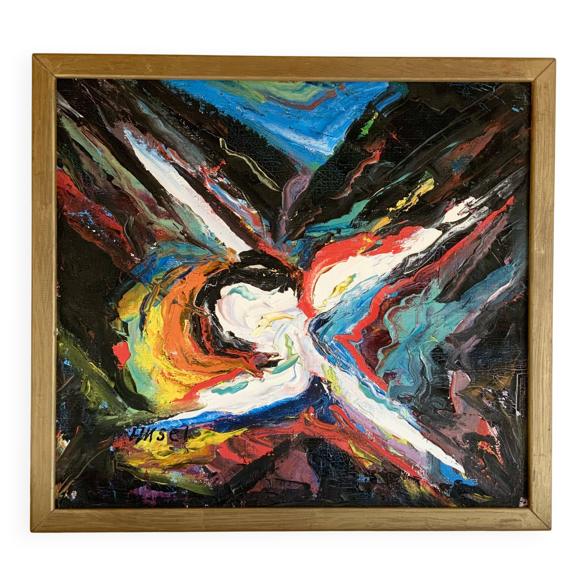 Petite peinture abstraite vintage de paysage, signée Axel, années 1970.