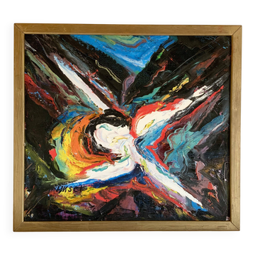 Petite peinture abstraite vintage de paysage, signée Axel, années 1970.