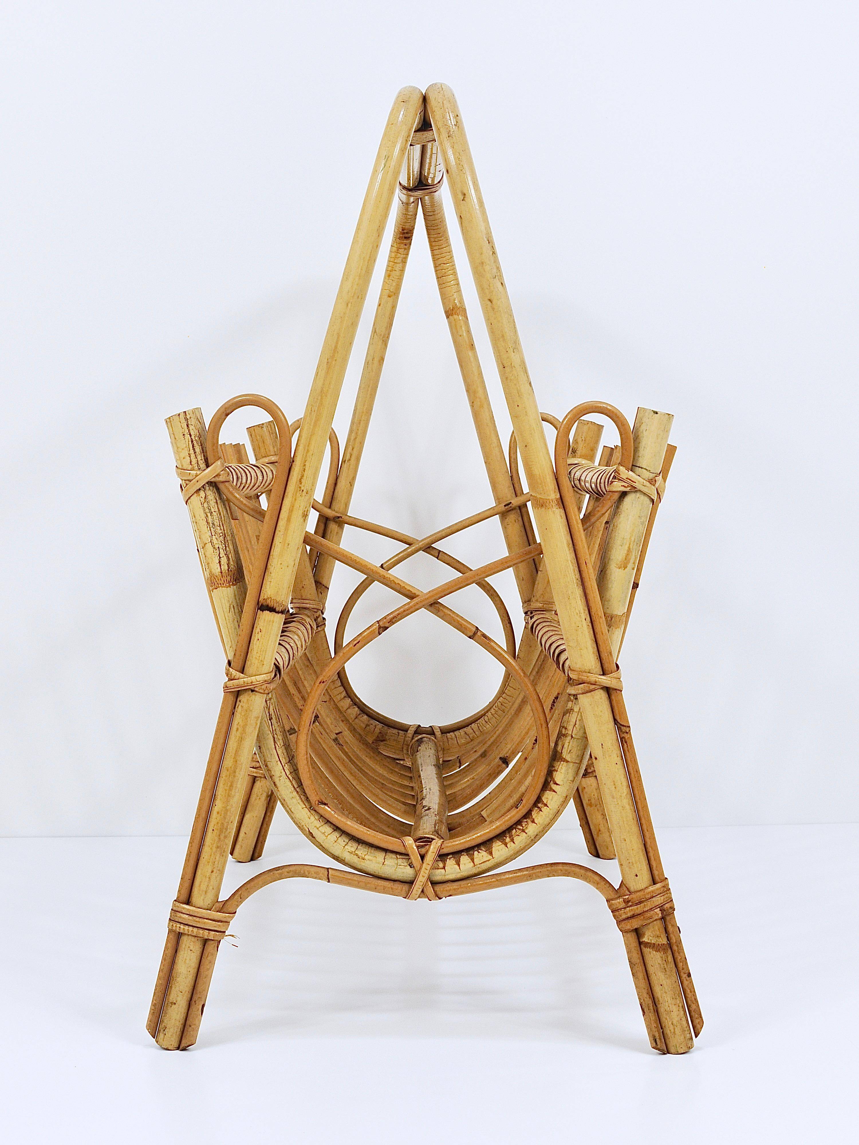 Bamboo and rattan magazine rack in the style of Franco Albini, Italy, 1950s.
