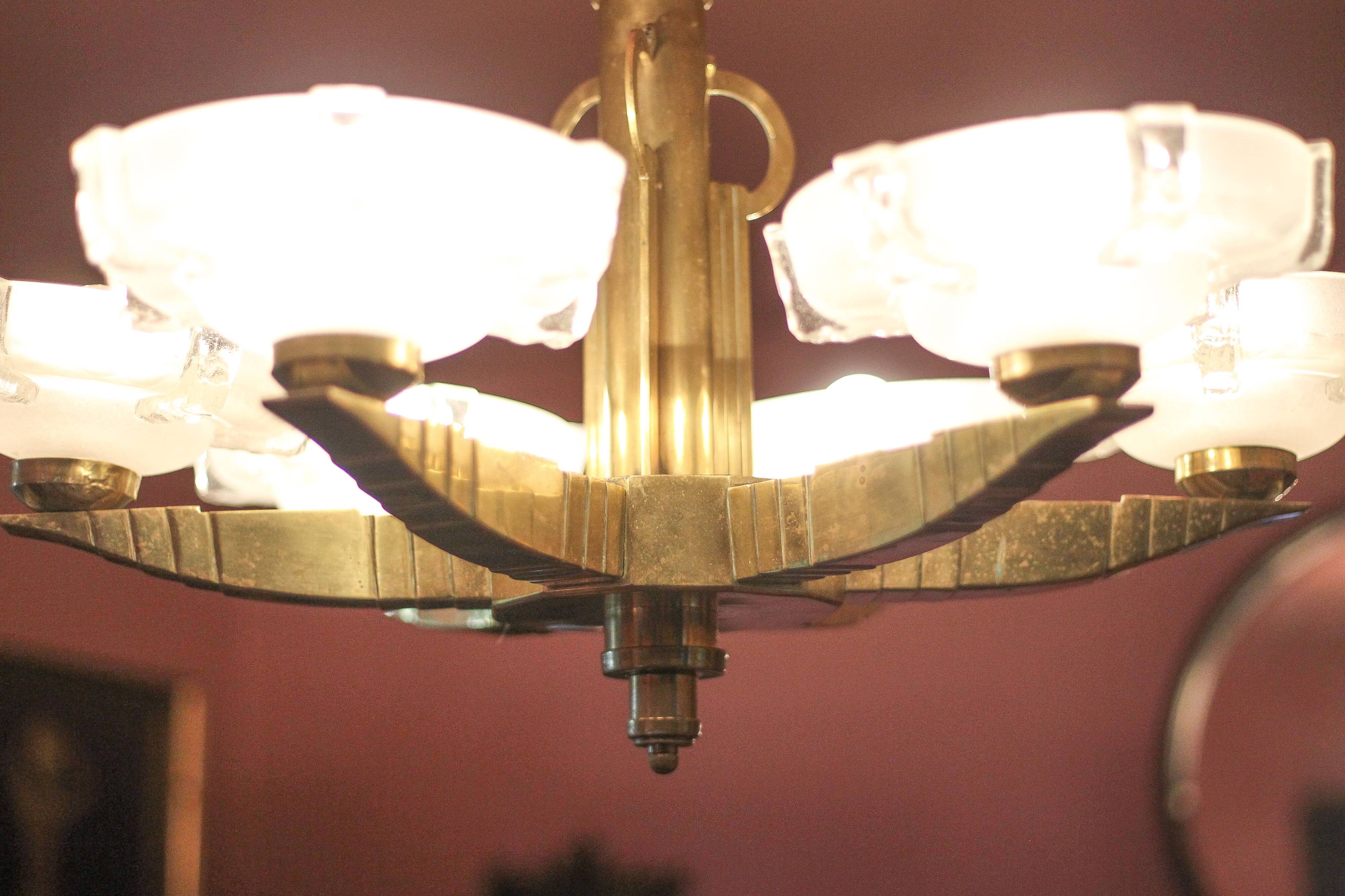 art deco suspension, 6-light Ezan glass globe chandelier, art deco bronze chandelier