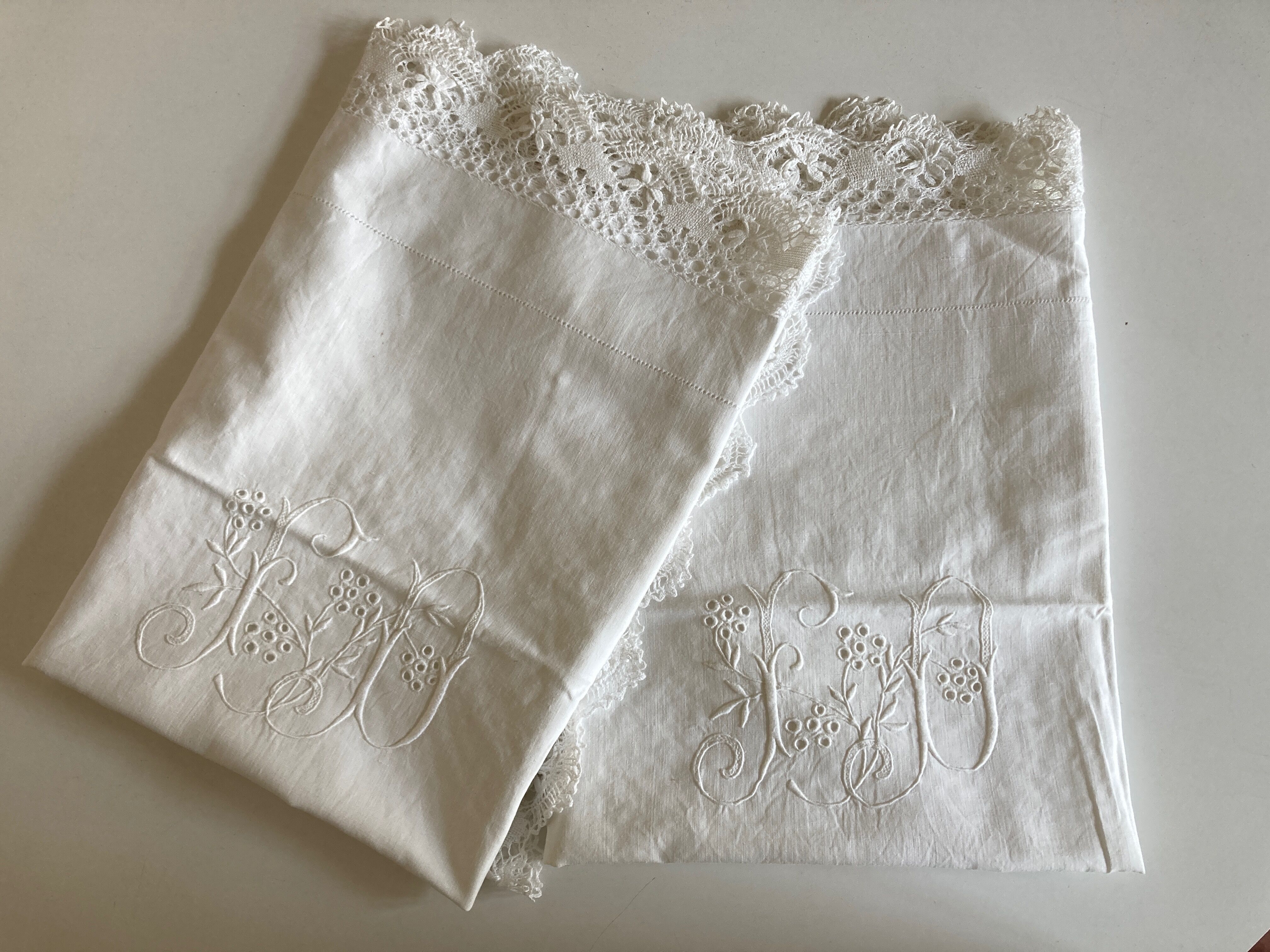 Pair of embroidered 19th linen linen pillowcases