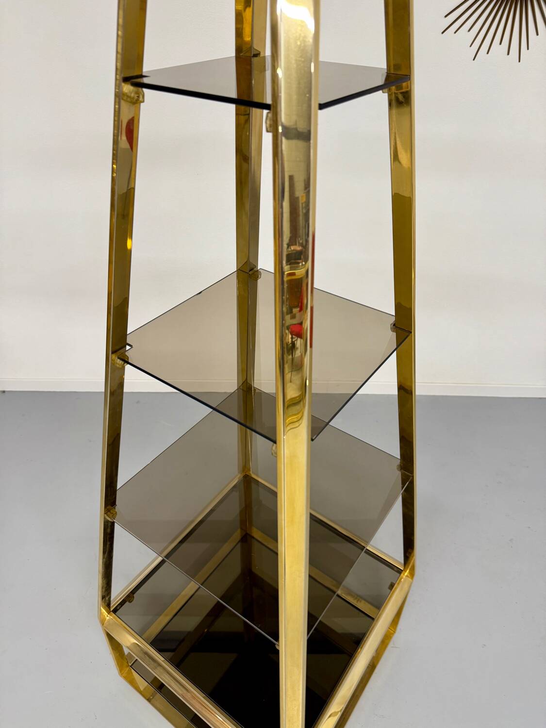 Pyramid Shelf, Hollywood Regency design, Gold Brass, Smoked Glass, 1960s