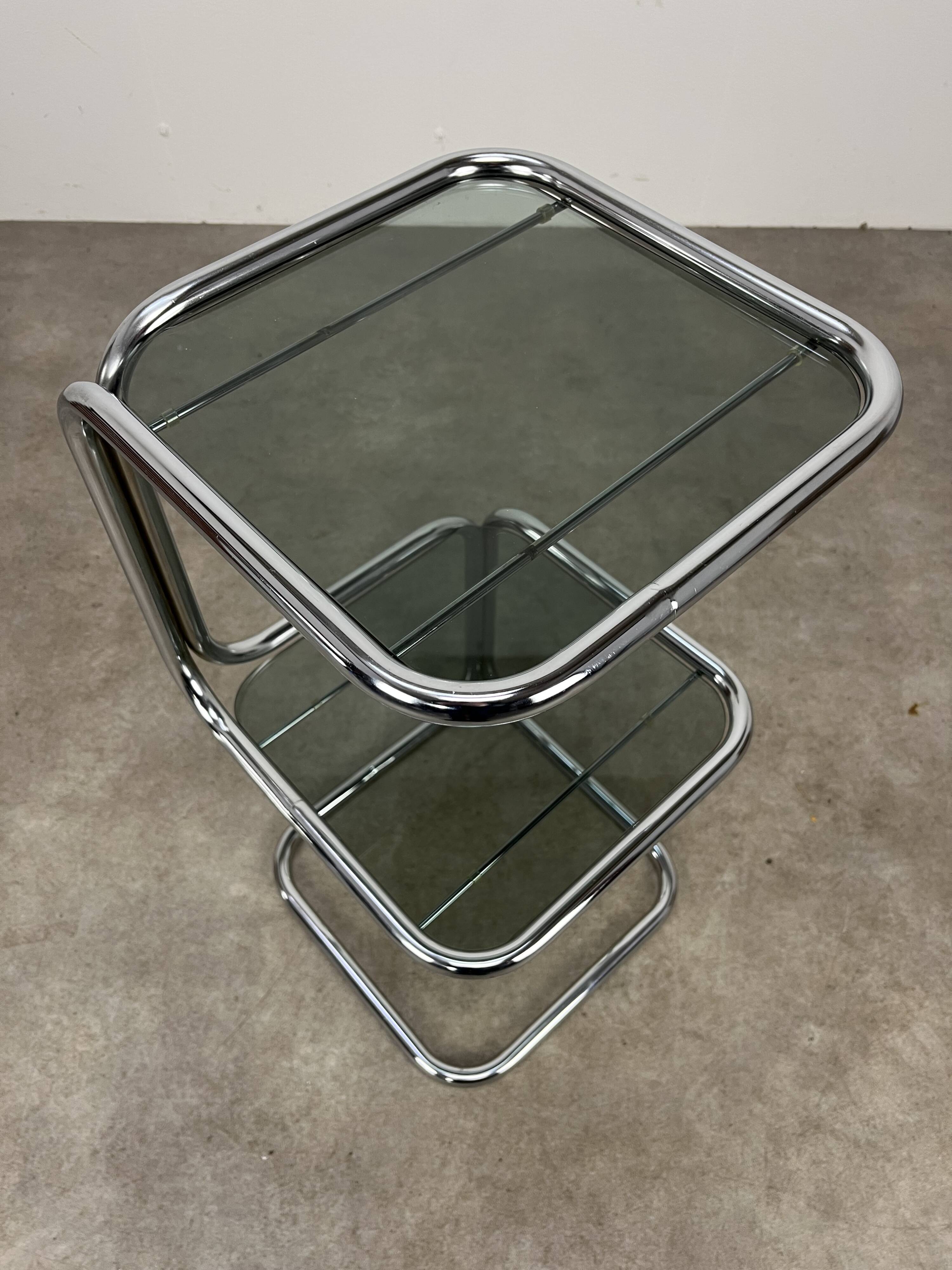 70s pedestal table, chrome and smoked glass side table