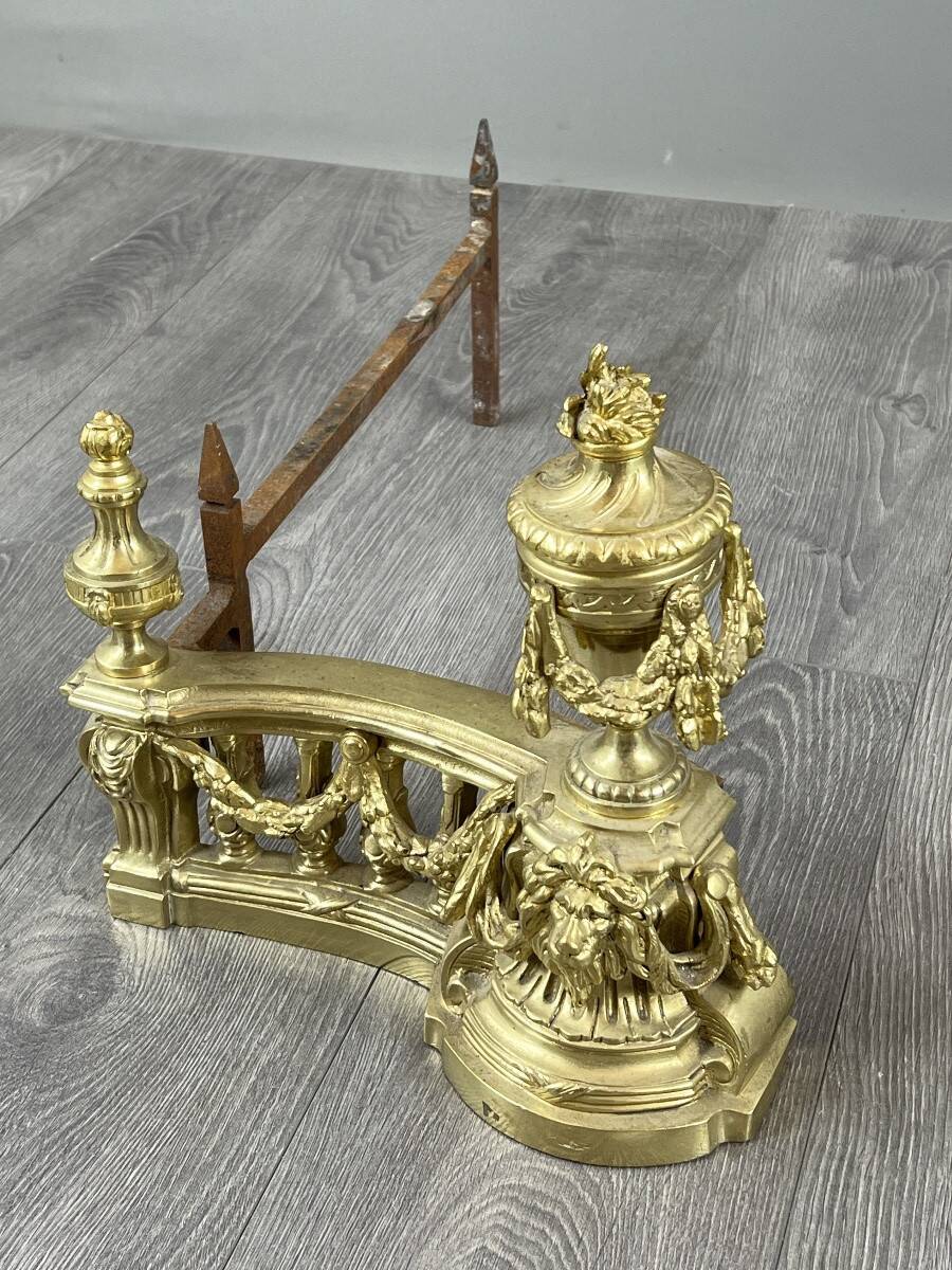 Pair of gilded bronze andirons, Louis XVI style, 20th century