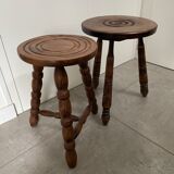 Set of two tripod stools in turned wood