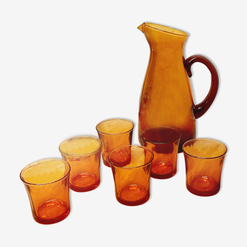 Set 6 amber glasses and decanter