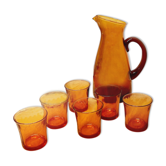 Set 6 amber glasses and decanter