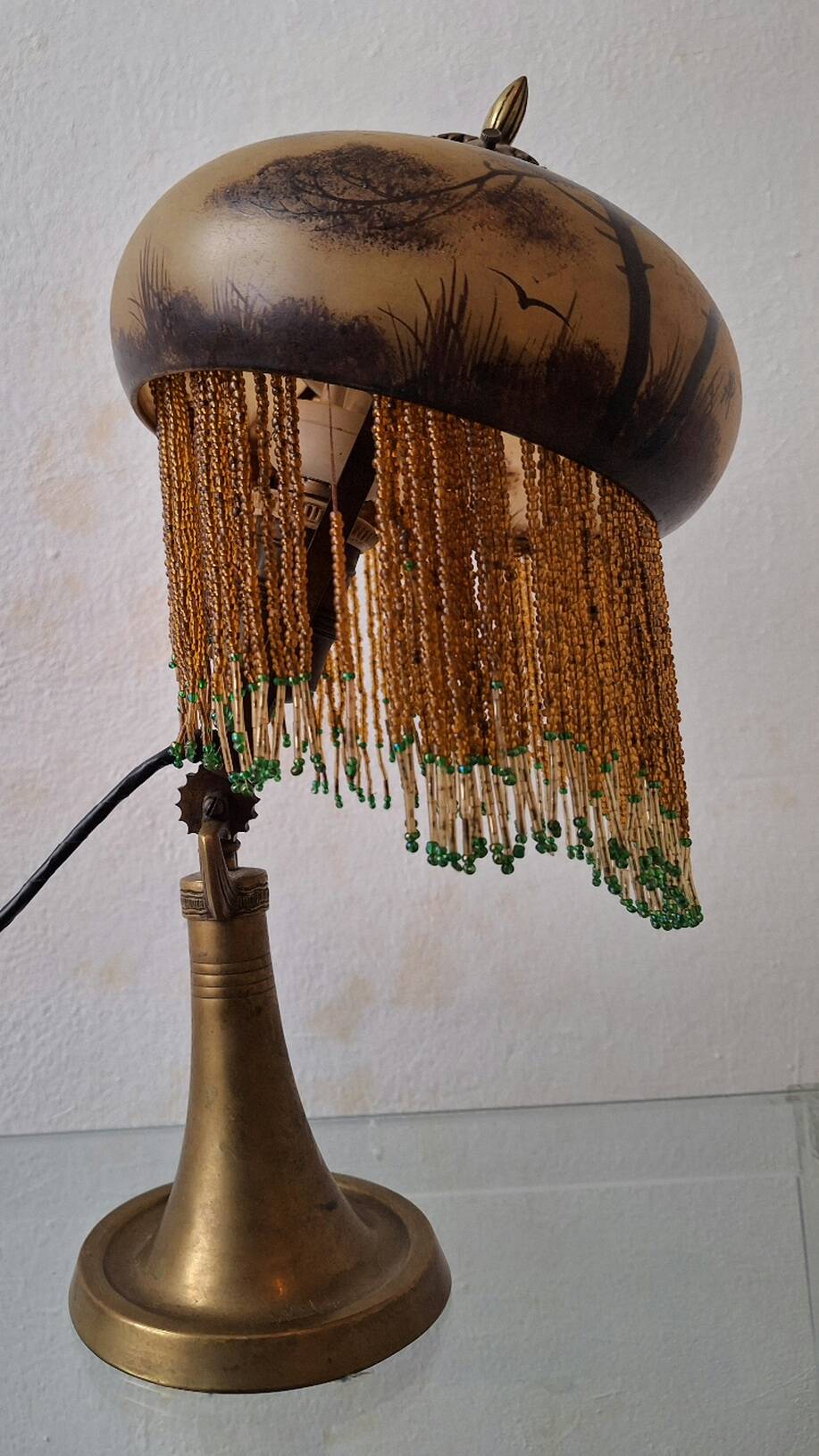 Antique signed reverse painted bronze table lamp, 1910-20