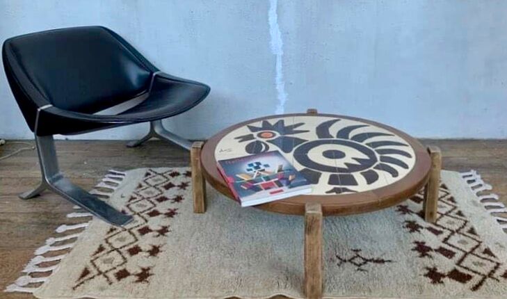 Ceramic coffee table and vintage wood year 1965 signed Dan