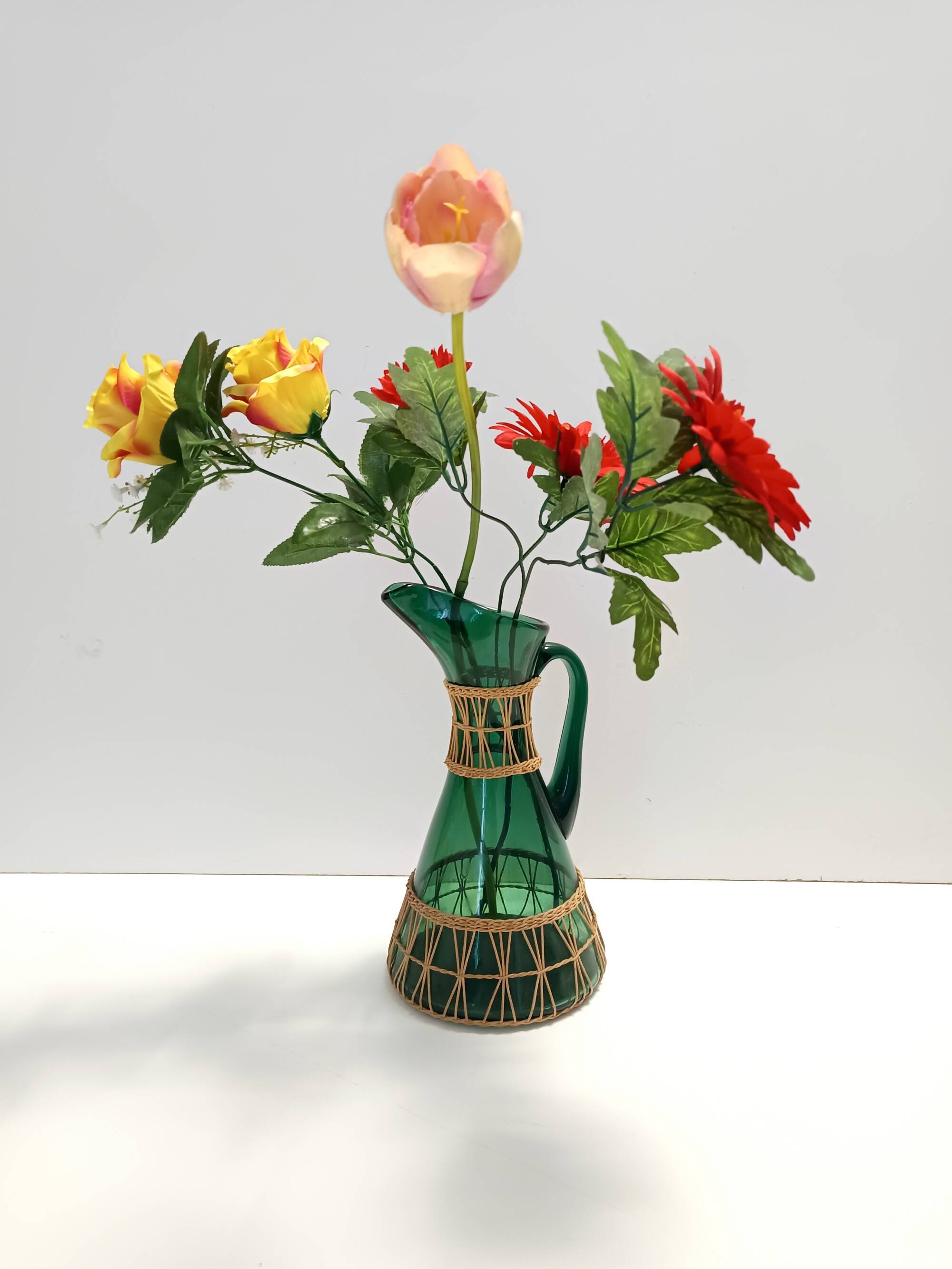 Green Hand Blown Glass and Wicker Jug / Vase, Empoli, Italy